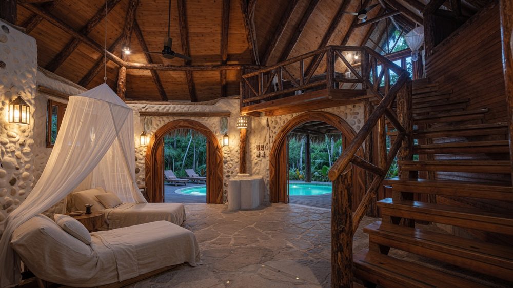 Living space with stone arches opening onto a private pool
