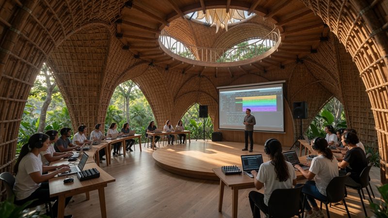A music production course in the bamboo temple, students at laptops with headphones