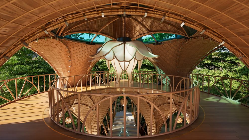 Inside the temple, woven bamboo dome and lotus centrepiece