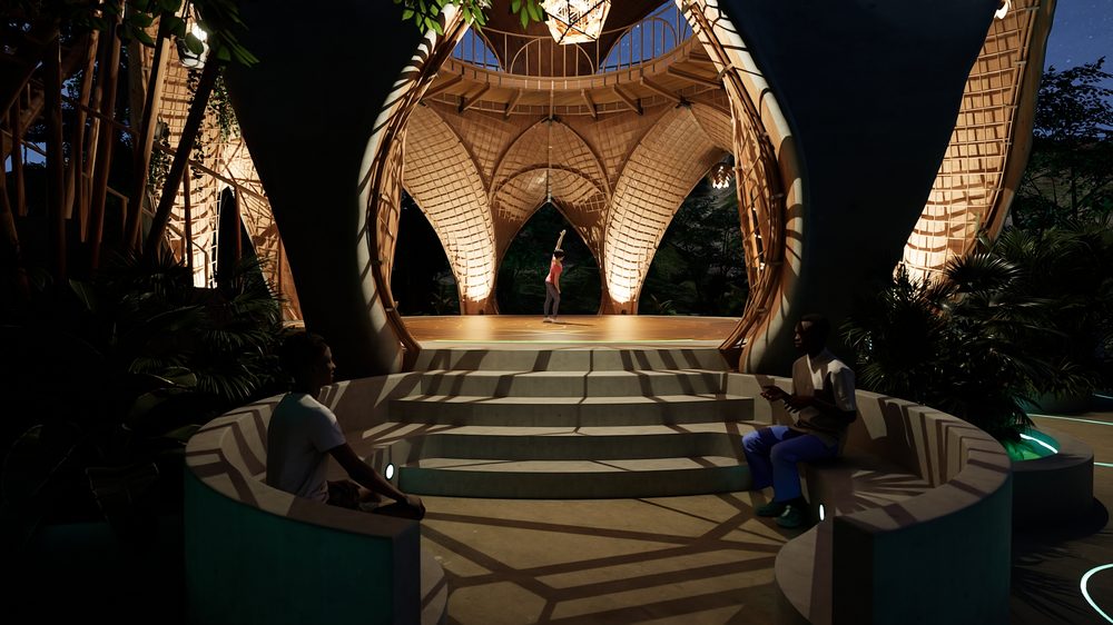 Evening gathering at the temple entrance